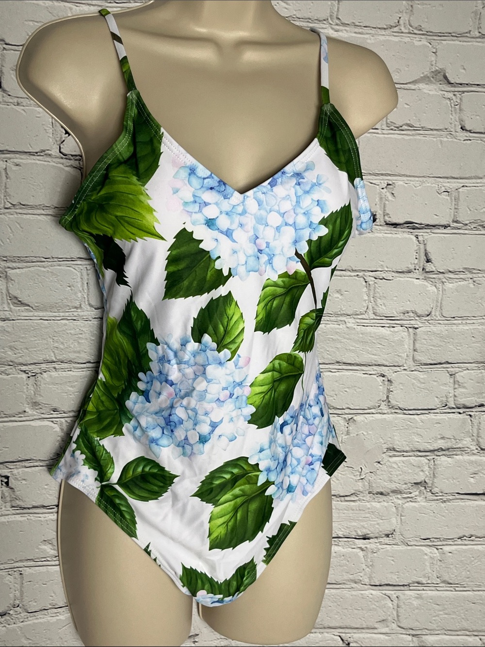 Hydrangea Floral One-Piece Swimsuit - White & Green